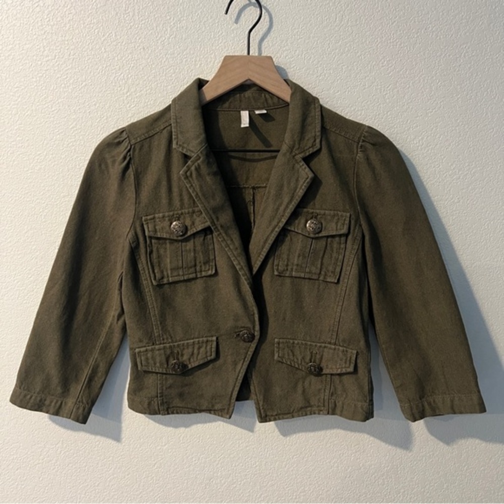 Frenchi Womens Size S Olive Green 3/4 Sleeve‎ 1 Button Cropped Jacket Military